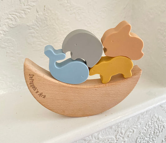 Personalised Wooden Noah's Ark Balancing Stacker with Silicone Animals